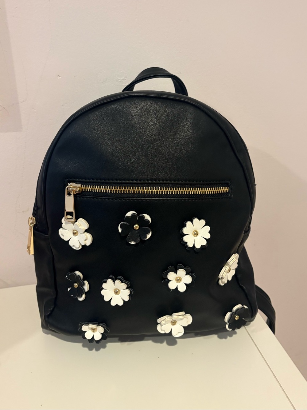 Betsey Johnson Black Mini Backpack with White & Black Floral Appliqués